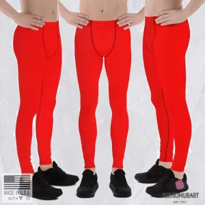 Red Hot Solid Color Meggings, Solid Red Color Men's Running Leggings Activewear For Men- Made in USA/EU