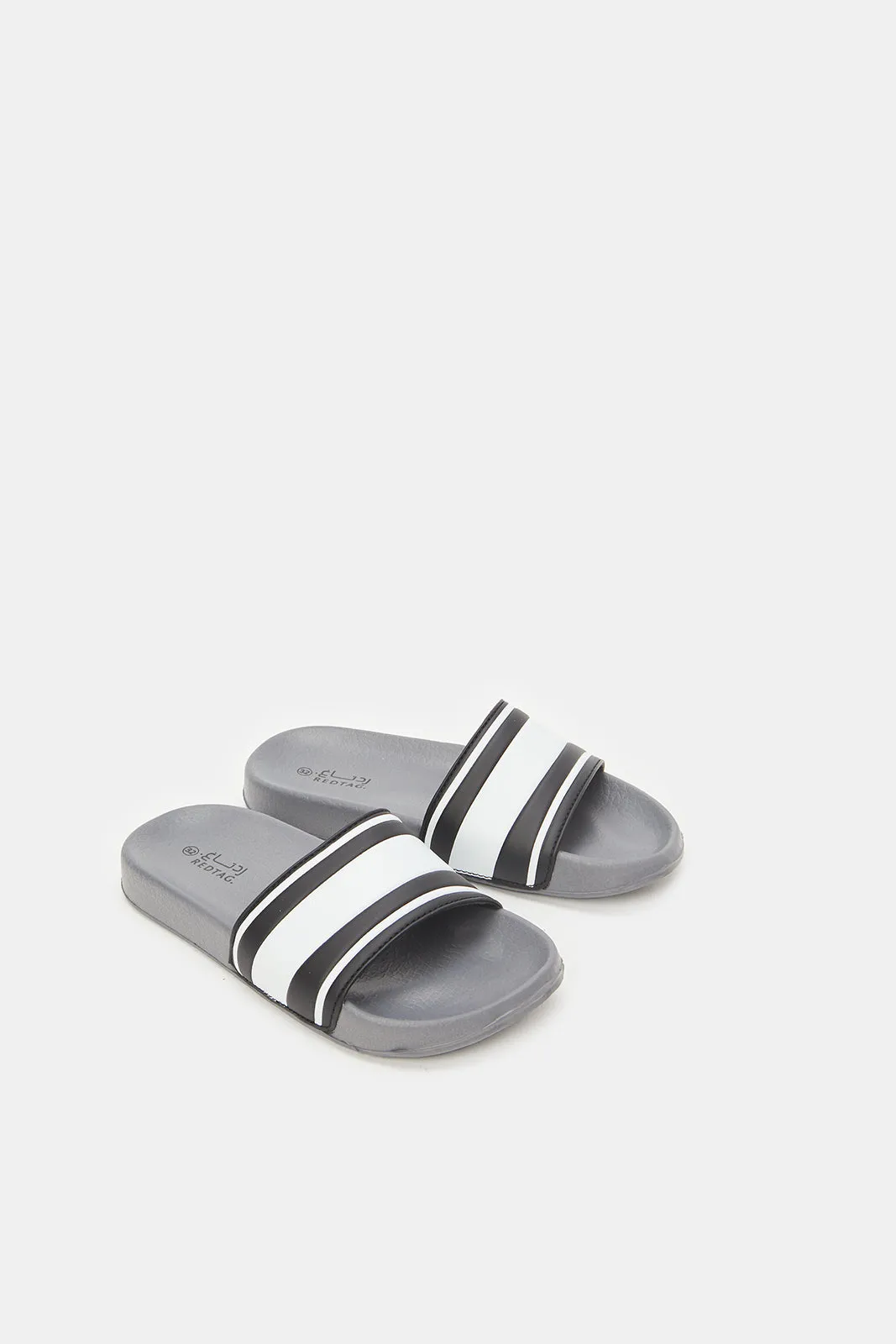 Senior Boys Grey Stripped Embossed Slides