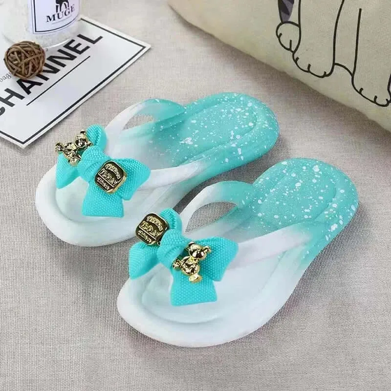 Summer Girls Bow Bear Print Beachwear Flip-Flops