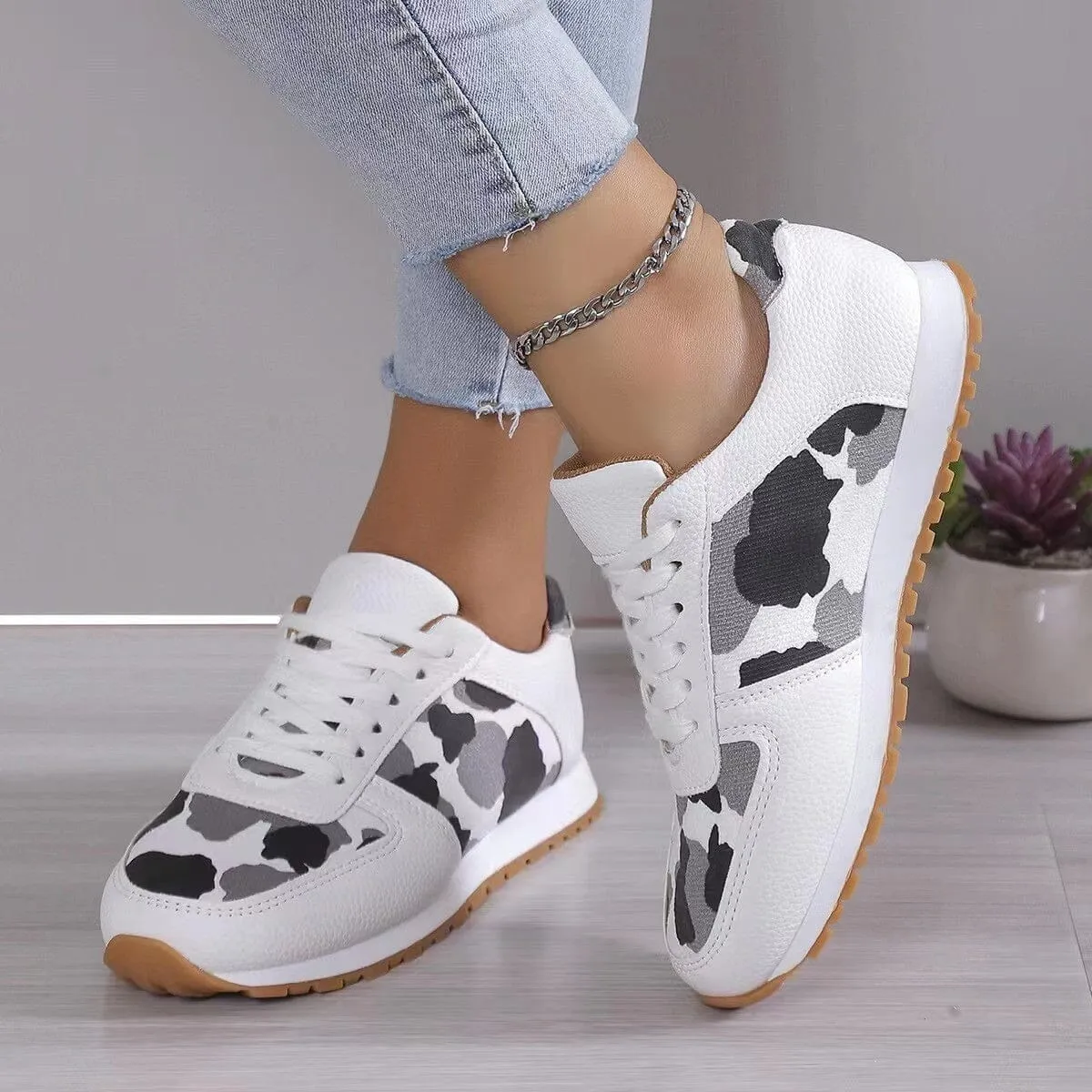 Tied Printed PU Leather Athletic Sneakers