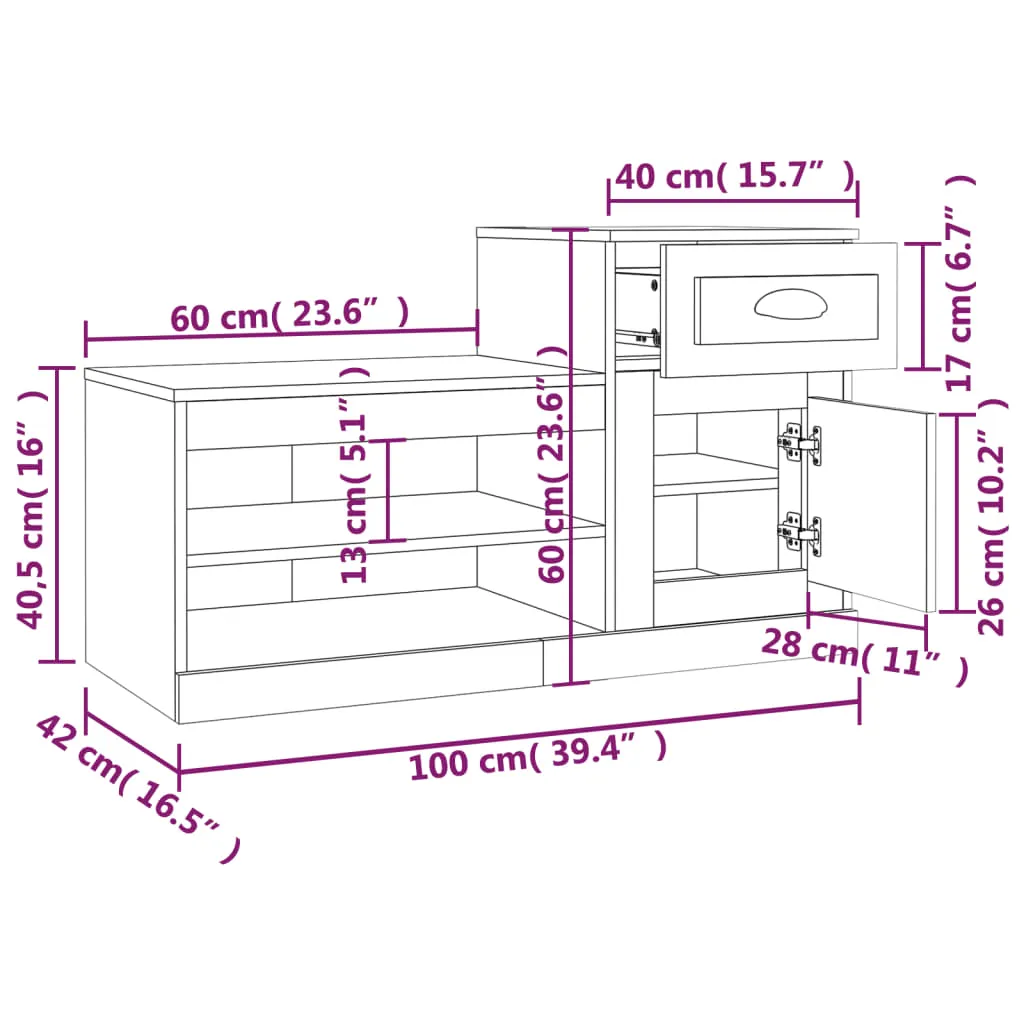 vidaXL Shoe Cabinet Smoked Oak 100x42x60 cm Engineered Wood