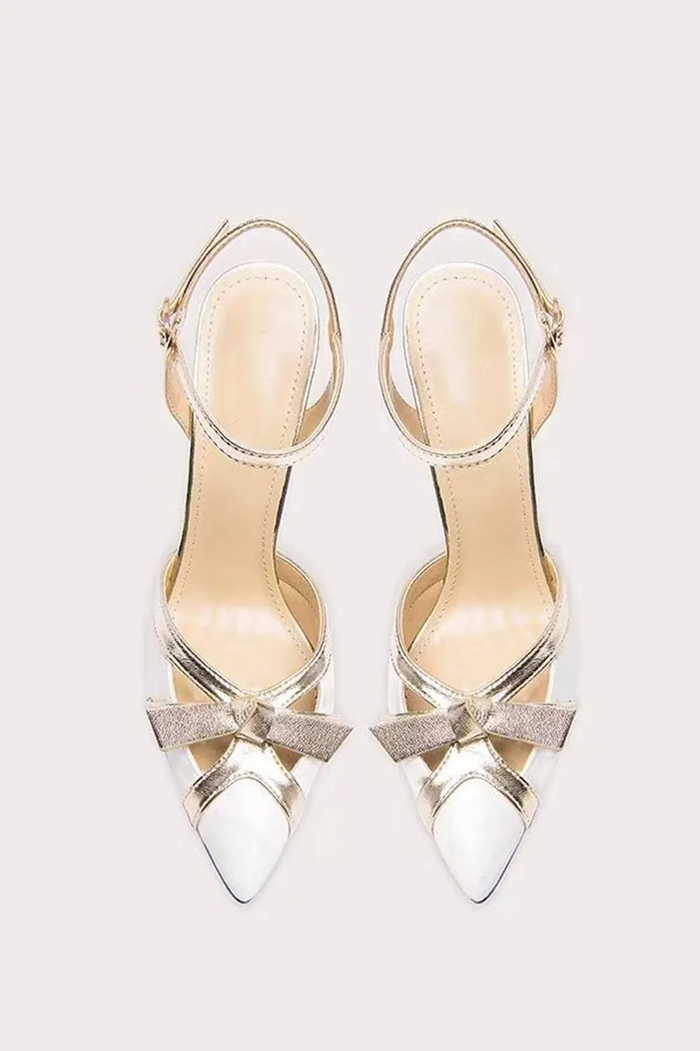 White Pointed Toe Ankle Strap High Heels with Bow