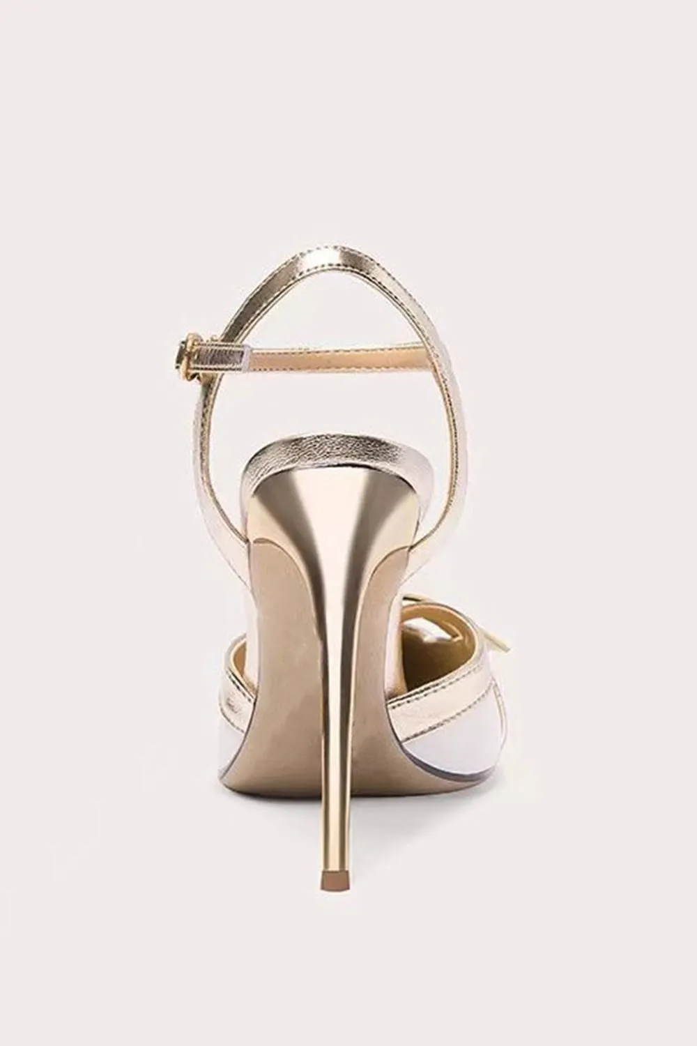 White Pointed Toe Ankle Strap High Heels with Bow