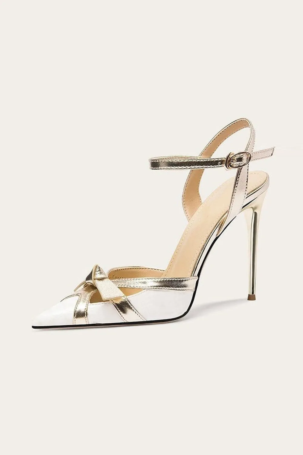 White Pointed Toe Ankle Strap High Heels with Bow