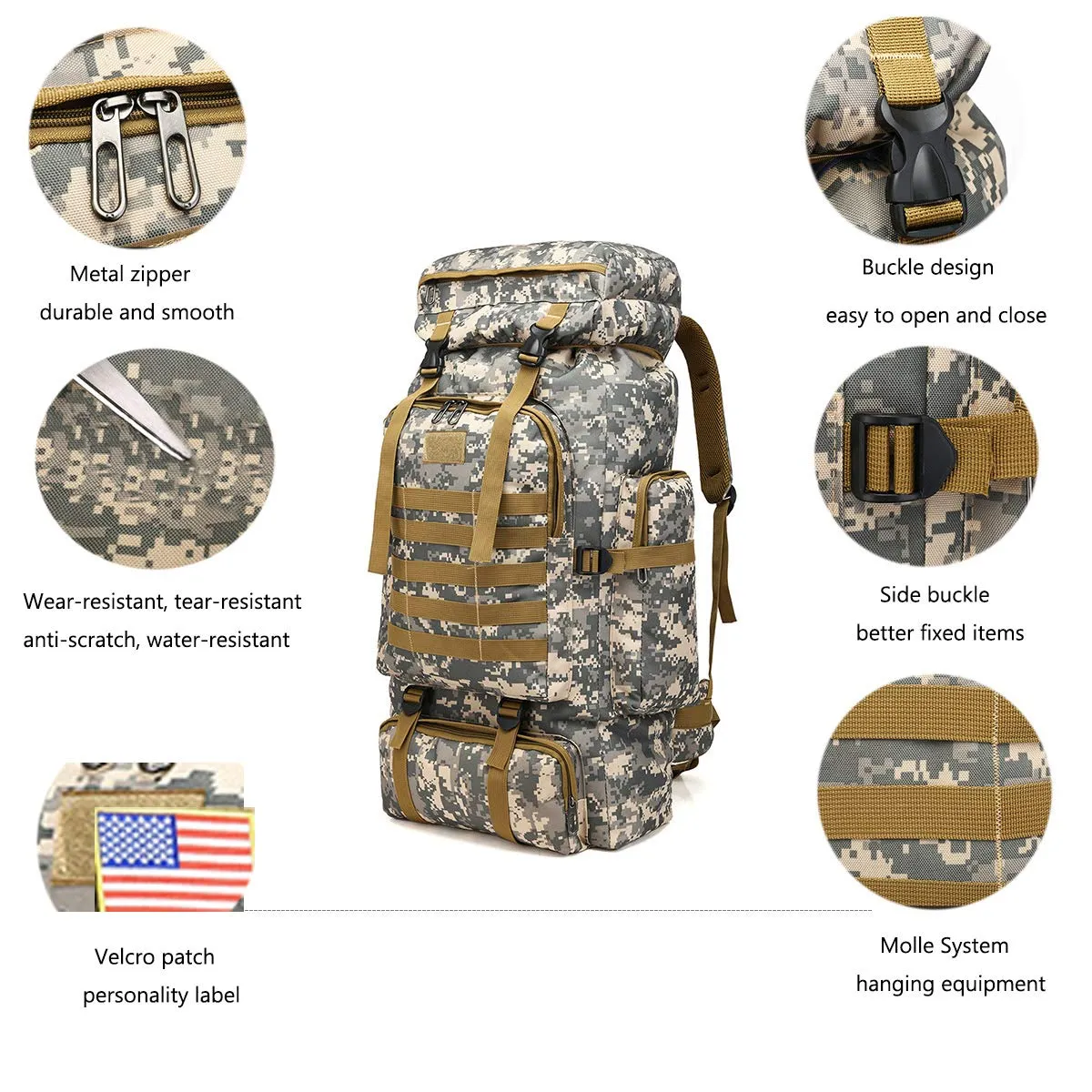 WintMing 70L Large Camping Hiking Backpack Tactical Military Molle Rucksack for Trekking Traveling Oxford Waterproof Mountaineering Pack Large Daypack for Men (Camouflag-C)