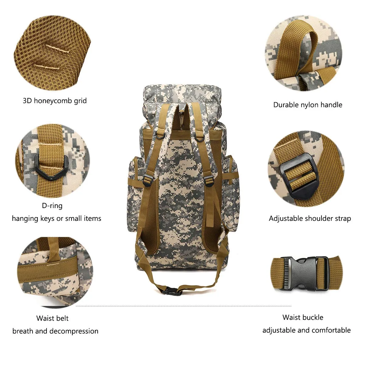 WintMing 70L Large Camping Hiking Backpack Tactical Military Molle Rucksack for Trekking Traveling Oxford Waterproof Mountaineering Pack Large Daypack for Men (Camouflag-C)