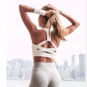 Women's White Strap Push-Up Sports Bra Gym Yoga Athletic Vest